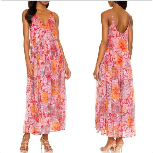 Free People Julianna Maxi Dress Ruffled Tiers V Neck Floral Print Cherry Small - Picture 3 of 13